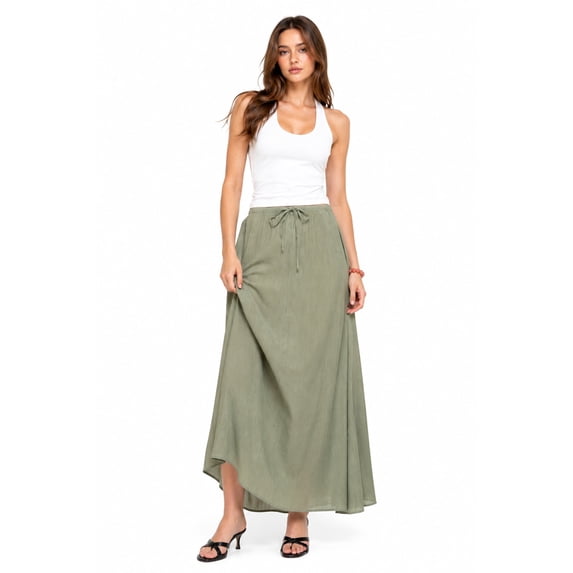 Women's Elastic Waist Crinkle Woven Long Skirt with Tie Detail, Casual Flowy Maxi Skirt Olive S