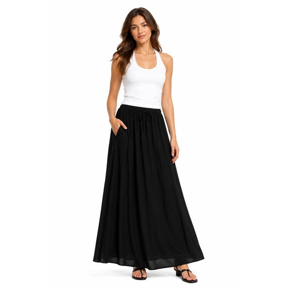 Women's Elastic Waist Crinkle Woven Long Skirt with Tie Detail, Casual Flowy Maxi Skirt Black L