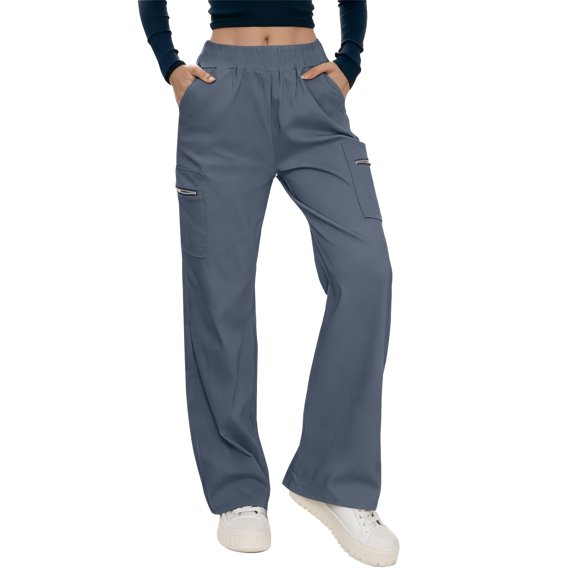 Women's Elastic Waist Cropped Cargo Pants - Elegant Summer Business Work Pants with Pockets, Gray Size XL