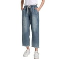thumbnail image 1 of Women's Elastic Waist Cropped Jeans Baggy Drawstring Stretch Denim Pants with Pockets Style-1 S, 1 of 4
