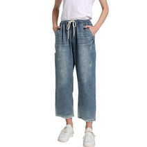Women's Elastic Waist Cropped Jeans Baggy Drawstring Stretch Denim Pants with Pockets Style-3 L