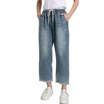 Women's Elastic Waist Cropped Jeans Baggy Drawstring Stretch Denim Pants with Pockets Style-3 L