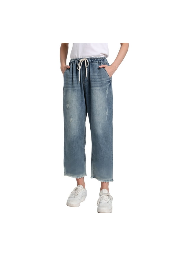 Women's Elastic Waist Cropped Jeans Baggy Drawstring Stretch Denim Pants with Pockets Style-3 XL