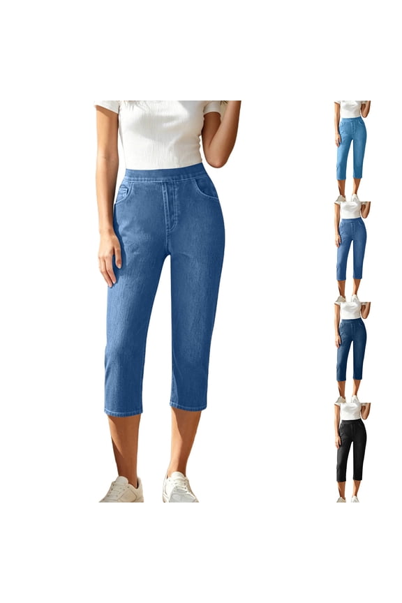 Women's Elastic Waist Cropped Pants, Denim Side Pockets Flexible Stretch Fit, Solid Tone Casual Trousers for Spring & Hot Summer | TruHer,Navy L