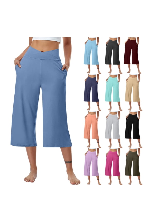 Women's Elastic Waist Cropped Pants Trousers Slacks Stretchy Casual Solid Color Soft Lounge Wear Travel Essentials for Women | Aestivo,Army Green L