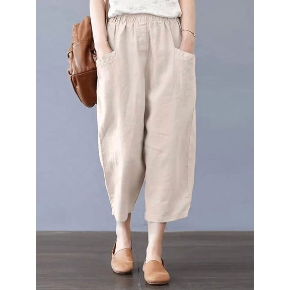 Women's Elastic Waist Drawstring Capri Pants, Loose Fit Lantern Trousers with Large Pockets for Everyday, Casual & Vacation Wear