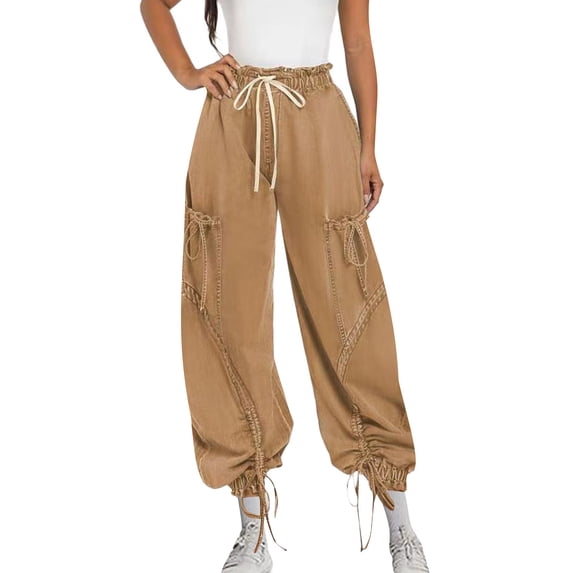 Women's Elastic Waist Drawstring Tie Foot Bow Loose Slim Multi-pocket Straight Leg Jeans Comfortable Casual Pants