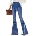 thumbnail image 1 of Women's Elastic Waist Flared Jeans Destroyed Raw Hem Bell Bottom Jeans Flare Denim Pants, Blue, Medium, 1 of 5