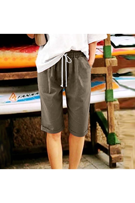 Women's Elastic Waist Half Shorts - Linen-Like Summer Pants with Deep Pockets