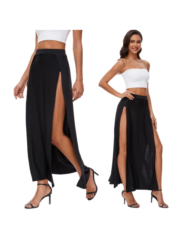 Women's Elastic Waist High Split Wrap Flowy Long Maxi Skirt Plain Side Slit Beach Party Maxi Skirts Renaissance Costume
