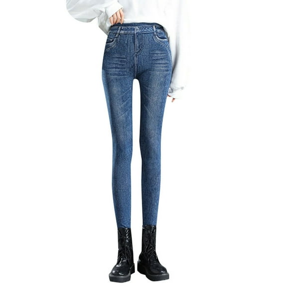 Women's Elastic Waist High-Waist Leggings - 80% Cotton Imitation Denim, Winter Warmth, Slim Fit - One Size