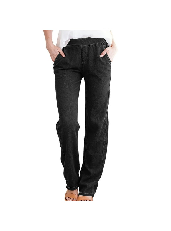 Women’s Elastic Waist Faux Jeans Straight Leg Pull on Denim-like Pants, Loose Casual Trousers with Pockets