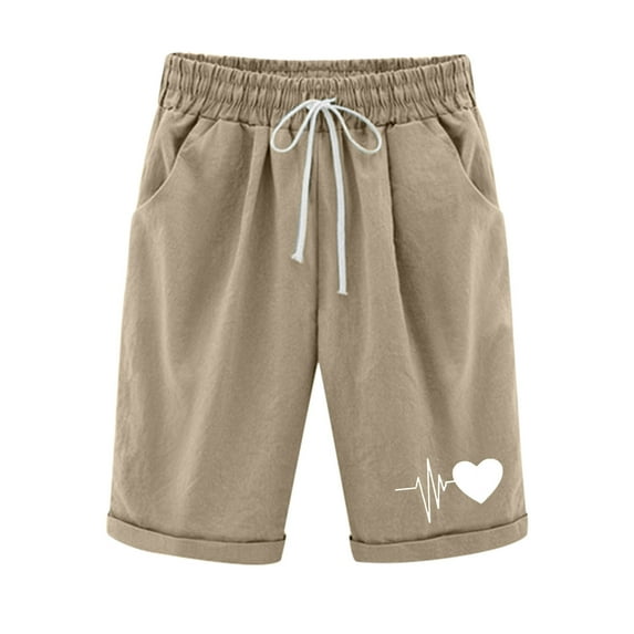 Women's Elastic Waist Knee Length Casual Cotton Bermuda Shorts with Drawstring,Shorts for Women Heart Print Summer Lounge Jersey Shorts