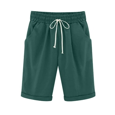 Women's Elastic Waist Knee Length Casual Cotton Bermuda Shorts with Drawstring