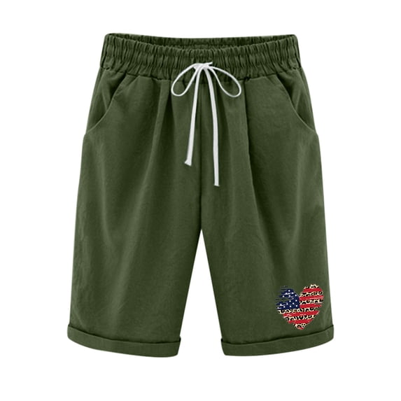 Women's Elastic Waist Knee Length Casual Loose Fit Cotton Curling Bermuda Shorts with Drawstring Pockets Plus Size A1