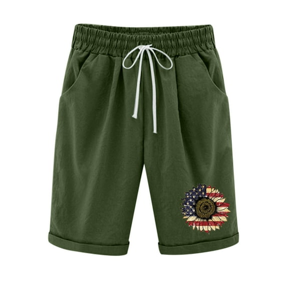 Women's Elastic Waist Knee Length Casual Loose Fit Cotton Curling Bermuda Shorts with Drawstring Pockets Plus Size A1