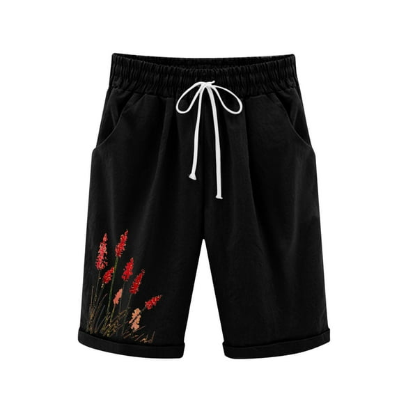 Women's Elastic Waist Knee Length Casual Loose Fit Cotton Curling Bermuda Shorts with Drawstring Pockets Plus Size