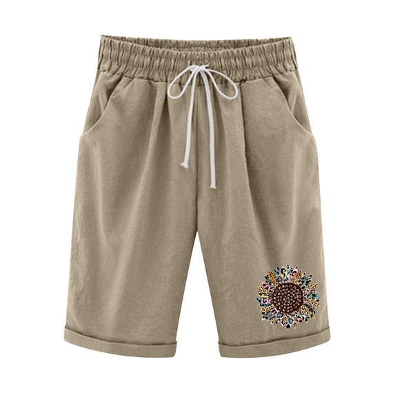 Women's Elastic Waist Knee Length Casual Relaxed Fit Cotton Curling Bermuda Shorts Solid Shorts with Drawstring Pockets