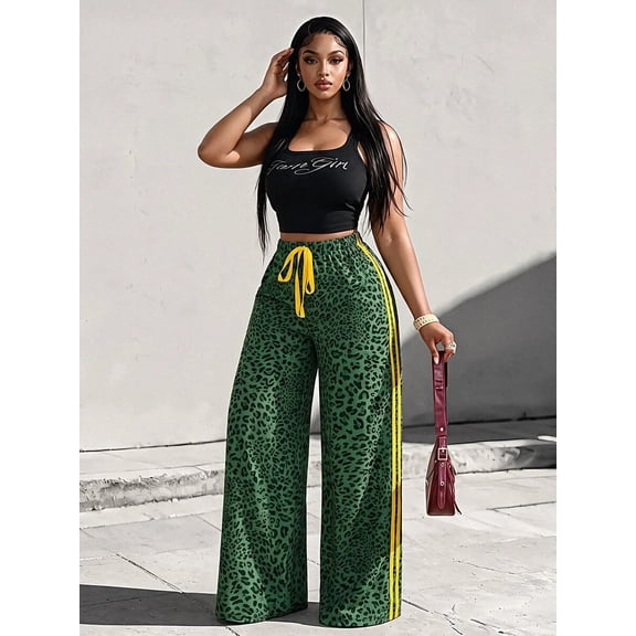 Women's Elastic Waist Leopard Pants, Loose Fit Wide Leg Trousers with Pockets for Lounge, Going Out & Casual Wear