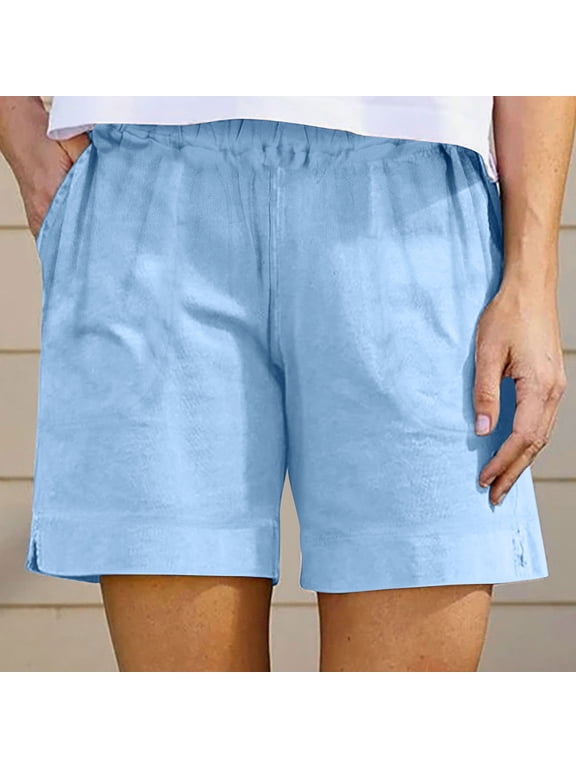 Women's Elastic Waist Linen Blend Bermuda Shorts,Side Slit Knee Length Casual Summer Shorts with Pockets,Light Blue,Women's Plus Size M