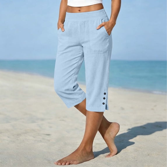 Women's Elastic Waist Linen Capris Pants Lightweight Summer Casual Cropped Trousers with Pockets Light Blue XL