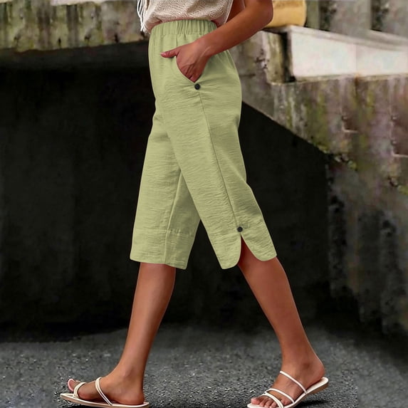 Women's Elastic Waist Linen Capris Pants Loose Fitting Casual Summer Cropped Trousers with Slit Hem & Pockets Mint Green S