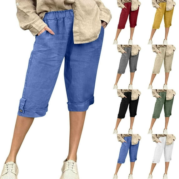 Women's Elastic Waist Linen Pants Trousers Slacks with Pocket, Solid Color Relaxed Fit Lightweight Breathable Flowy, Casual Daily Lounge Home Beach Vacation Travel Essentials
