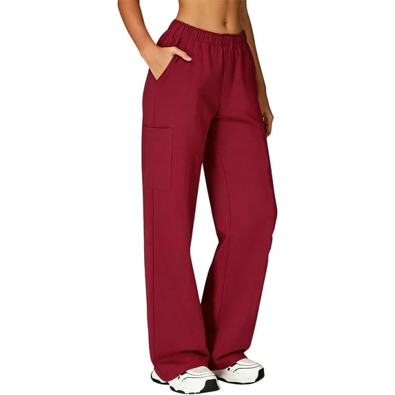 Women's Elastic Waist Loose Fit Work Pants, Multi Pocket Medical Scrub Trousers, Comfortable Wide Leg Nurse Caregiver Work Pants for Medical Daily Wear 04-Red L