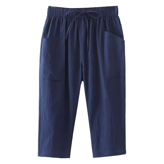 Women's Elastic Waist Loose Pocket Three-Quarter Pants, Polyester & Spandex, Sexy Style for Daily Wear, Sizes M-XXXXL