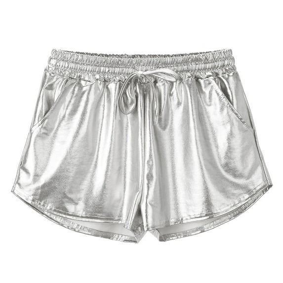 Women's Elastic Waist Metallic Shorts Shiny Pants Summer Sparkly Yoga Hot Shorts Night Club Wear with Pockets Drawstring
