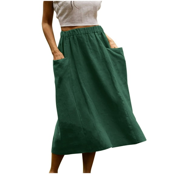 Women's Elastic Waist Midi Skirts Solid Baggy Cotton Linen Skirts Casual A Line Flared Skirt Trendy Beach Skirts