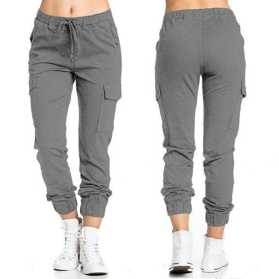 Women's Elastic Waist Pencil Pants - Solid Color Casual with Side String Pockets, Gray Size L