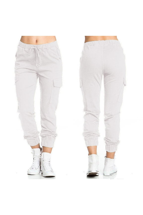 Women's Elastic Waist Pencil Pants - Solid Color Casual with Side String Pockets, White Size M