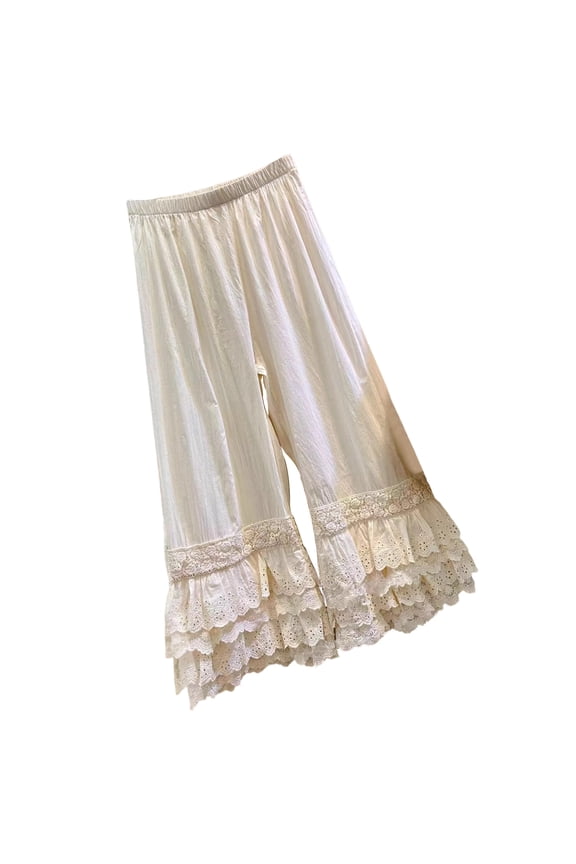 Women's Elastic Waist Pettipants Culotte Layered Ruffle Lace Trim Wide Leg Pants Under Dress Long Bloomers Underpants