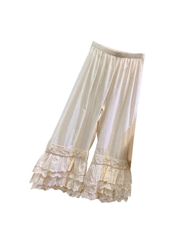 Women's Elastic Waist Pettipants Culotte Layered Ruffle Lace Trim Wide Leg Pants Under Dress Long Bloomers Underpants