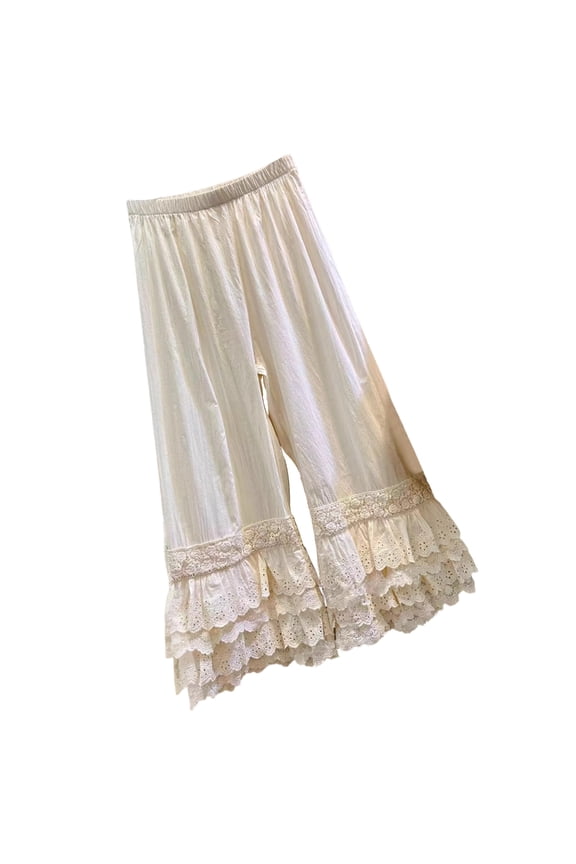 Women's Elastic Waist Pettipants Culotte Layered Ruffle Lace Trim Wide Leg Pants Under Dress Long Bloomers Underpants