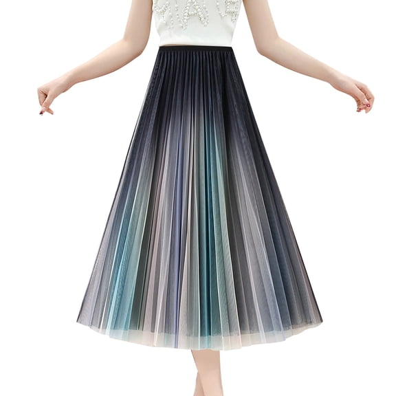 Women's Elastic Waist Pleated Maxi Skirt - A-Line Flowy Tiered - Beach/Summer Casual - One Size Fits Most