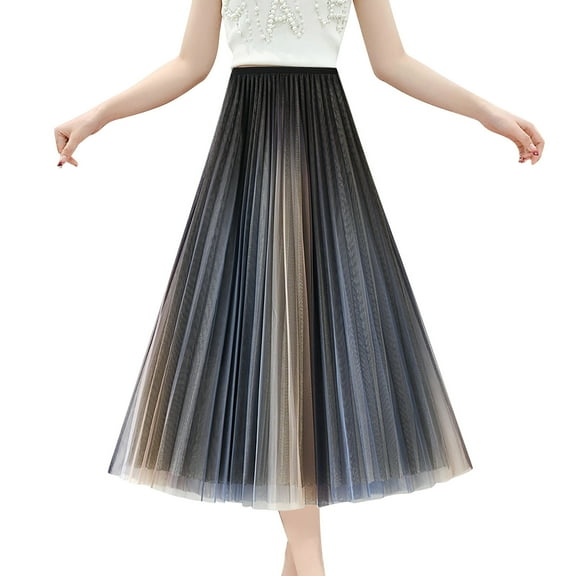 Women's Elastic Waist Pleated Maxi Skirt - A-Line Flowy Tiered - Beach/Summer Casual - One Size Fits Most