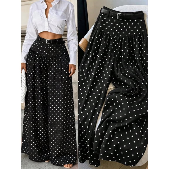 Women's Elastic Waist Polka Dot Wide Leg Pants, Loose Flowy Palazzo Trousers for Summer Beach Vacation Casual Wear