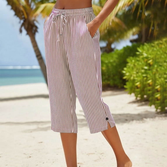 Women's Elastic Waist Print Denim Cropped Capri Pants with Pockets Comfortable and Breathable for Daily Wear