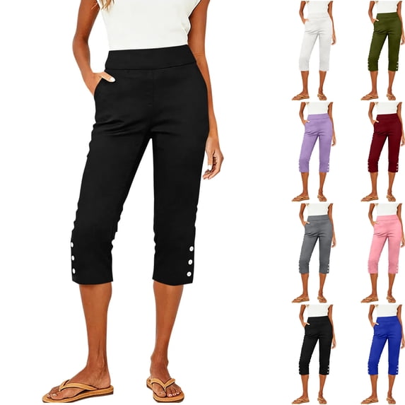 Women's Elastic Waist Print Denim Cropped Capri Pants with Pockets Comfortable and Breathable for Daily Wear