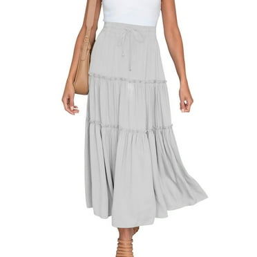 Women's Elastic Waist Ruched Skirt - Casual Long Solid Color Summer Skirt with Ruffles for All Occasions