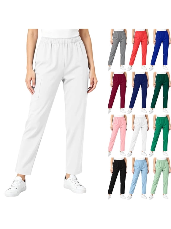 Women's Elastic Waist Scrub Pants with Pockets Loose Fit Straight Leg Workwear Trousers Casual Nursing Uniform Bottoms