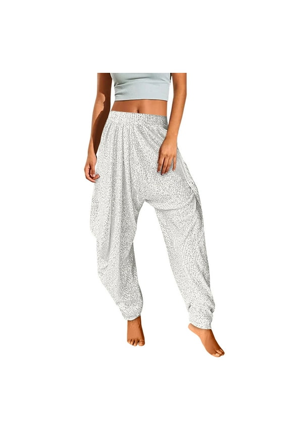 Women's Elastic Waist Sequin Harem Pants - Loose Fit, Mid-Waist, Pockets - Casual Solid Color Bloomers for Parties/Daily