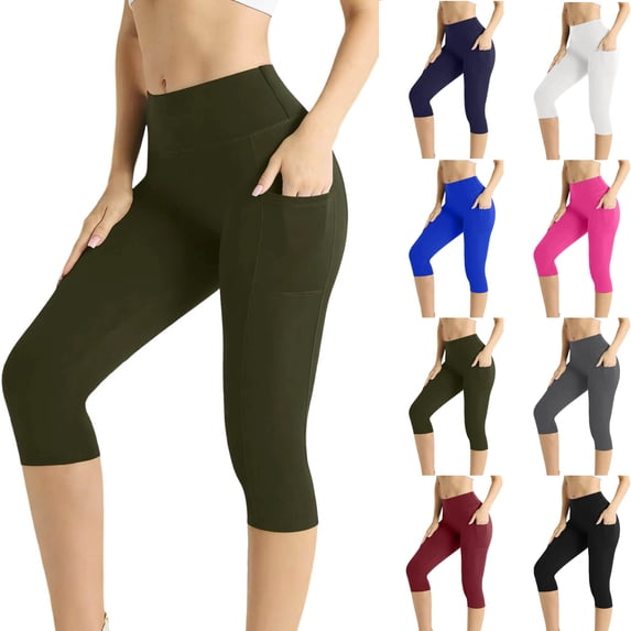 Women's Elastic Waist Solid Polyester Blend Cropped Capri Pants with Pockets Comfortable and Breathable for Daily Wear