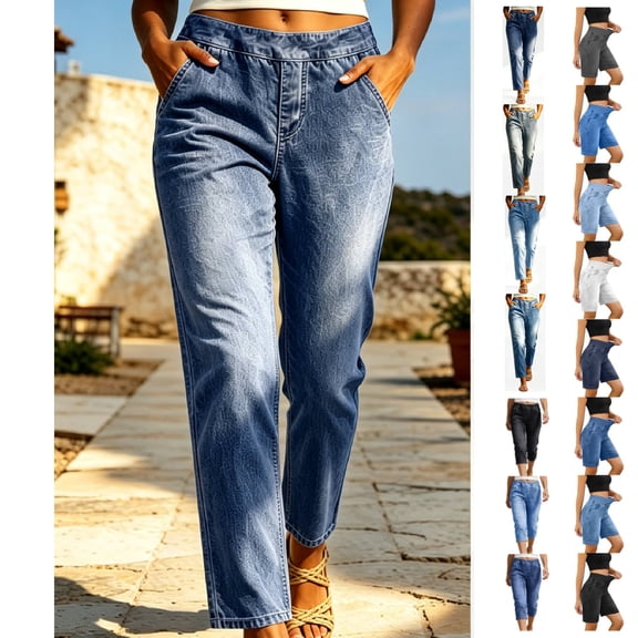 Women's Elastic Waist Straight Leg Denim Cropped Jeans With Pockets, Mid-Rise Pull-On Comfort Fit Stretchy Fabric, Tummy Control Plus Size Long Length Casual | TruHer,Blue 3XL