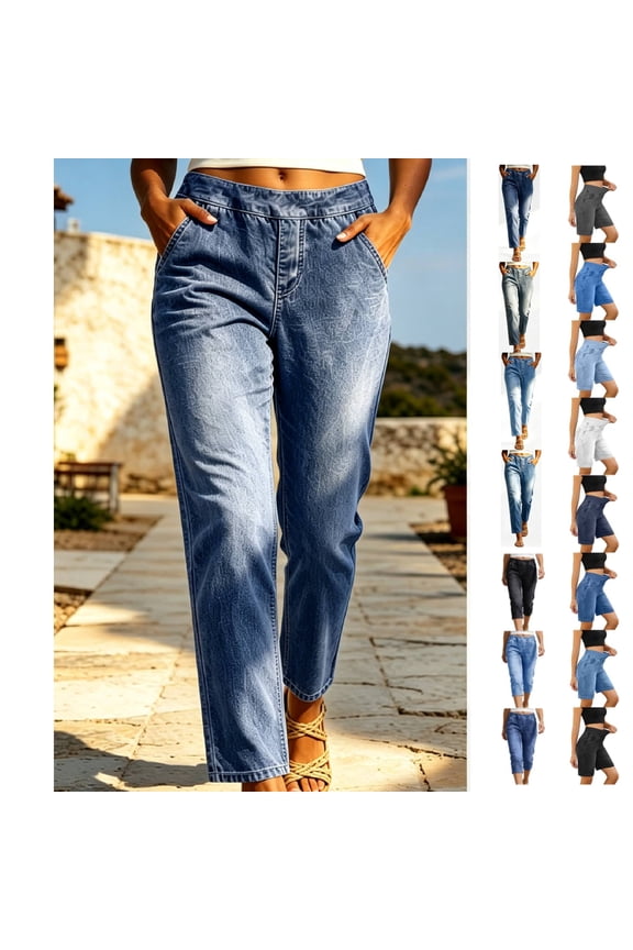 Women's Elastic Waist Straight Leg Denim Cropped Jeans with Pockets, Mid-Rise Pull-on Comfort Fit Stretchy Fabric, Tummy Control Plus Size Long Length Casual | TruHer,Blue 2XL