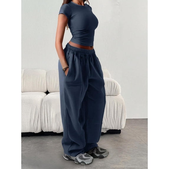 Women's Elastic Waist Straight Leg Pants with Side Pockets - Loose Fit, Solid Color Bottoms for Casual Wear