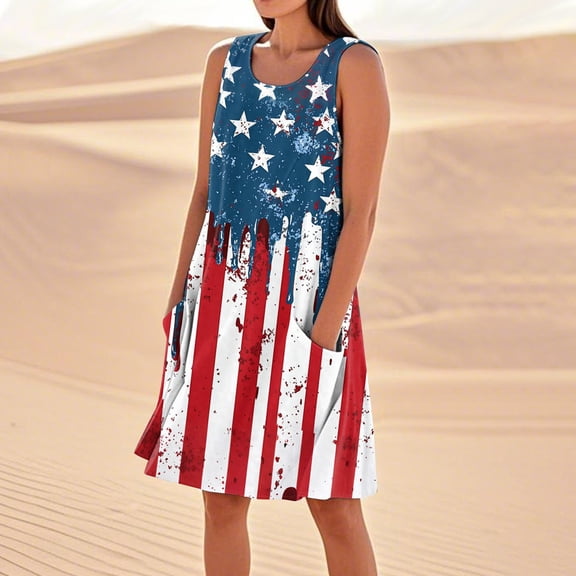 Women's Elastic Waist Sundress, Sleeveless Round Neck Summer Casual Dress with Independence Day Design, Comfortable Holiday Outfit,Deep Red S
