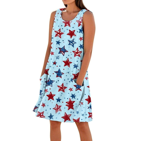 Women's Elastic Waist Sundress, Sleeveless Round Neck Summer Casual Dress with Independence Day Design, Comfortable Holiday Outfit,Light Blue XL